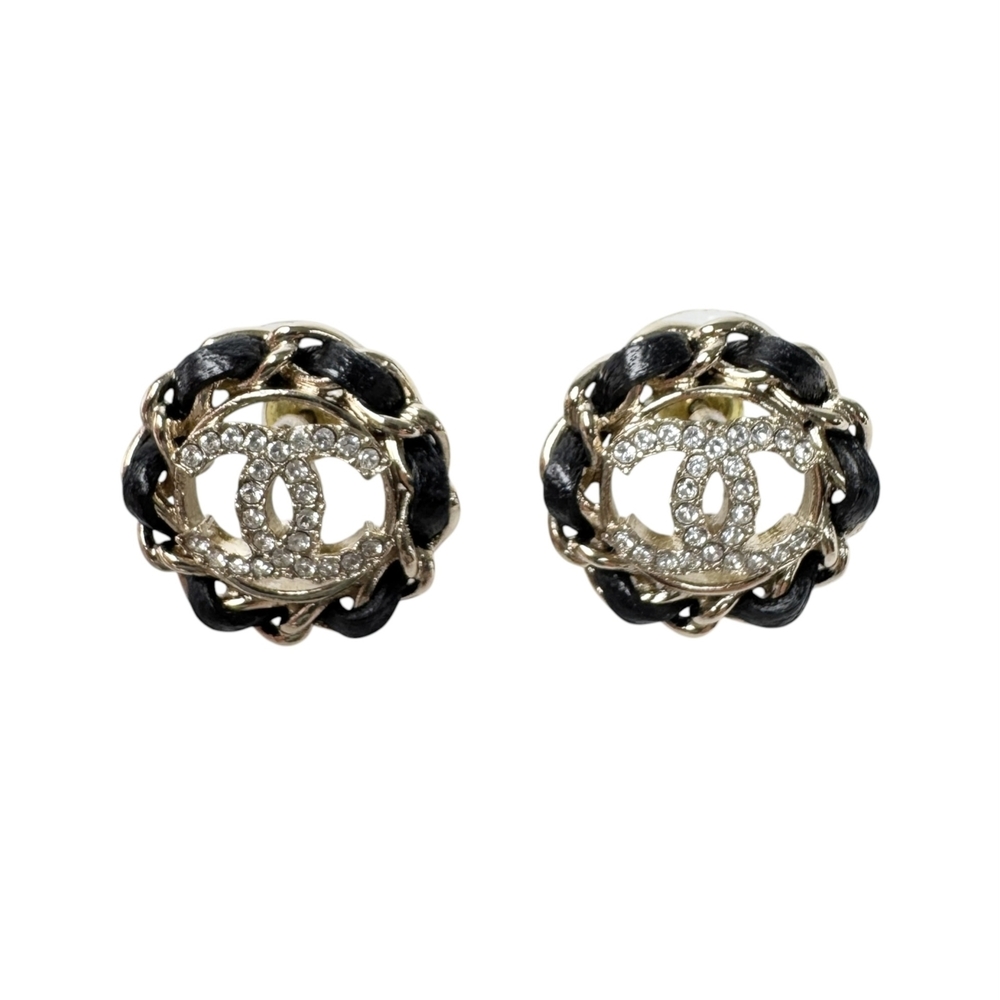 Chanel Coco Mark Rhinestone Leather Chain Earrings B25V (Women's)